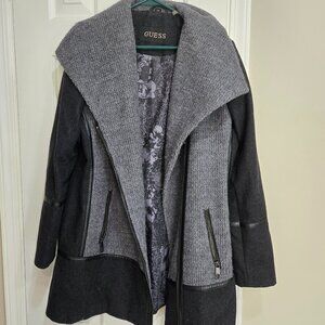 Guess-Y2K_ Black wool blend Leather Trim Zip Up winter peacoat_Large